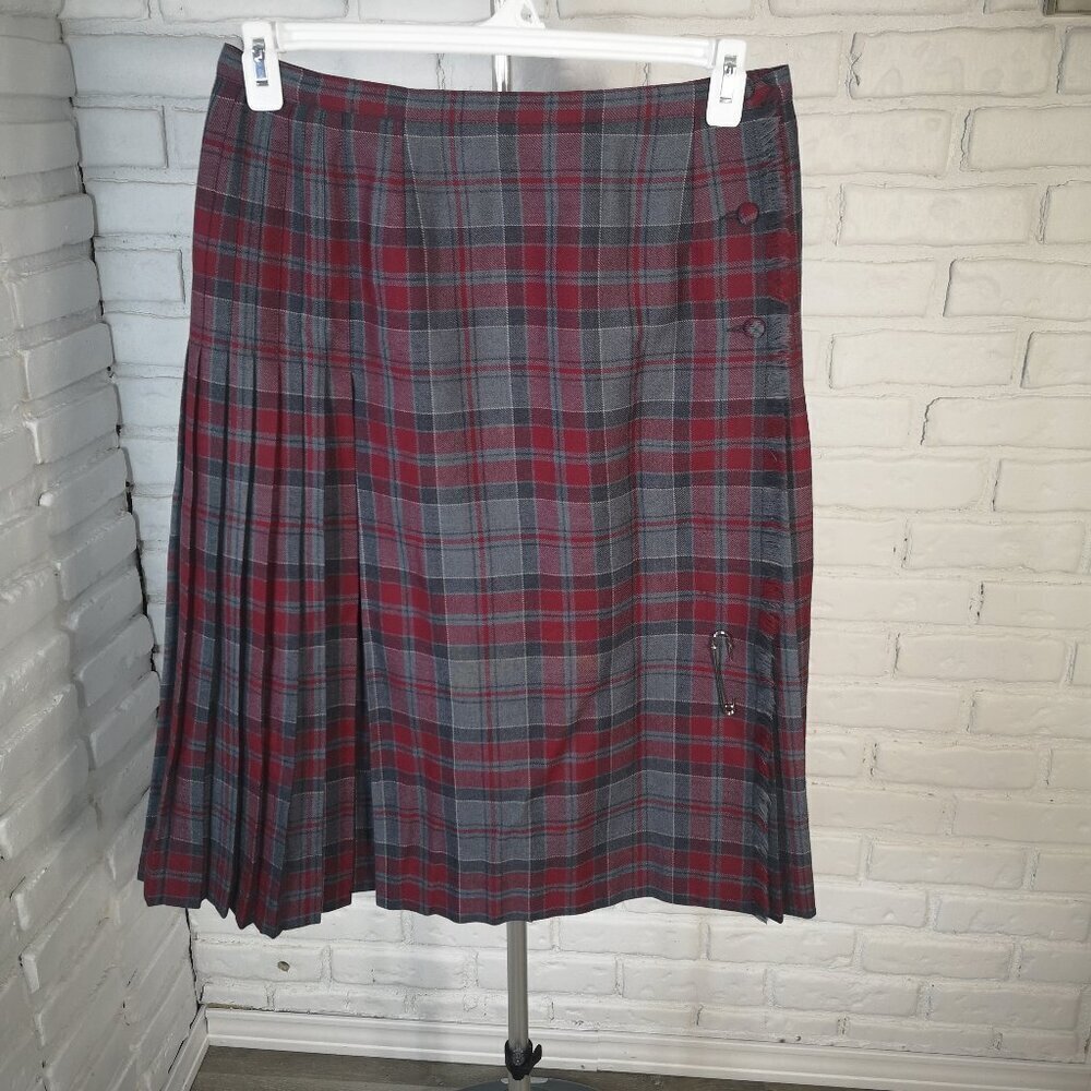 Aljean Canada Ladies Grey & Burgundy Plaid 100% Virgin Wool Vintage Kilt / Skirt